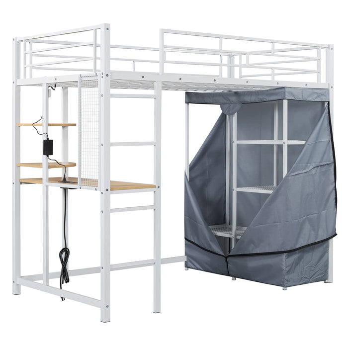 Loft Bed With Desk, Shelves, Power Outlet, LED Light And Wardrobe