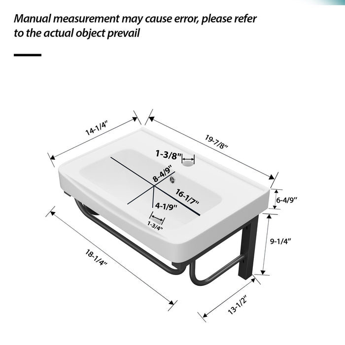 Wall Mounted Rectangular Bathroom Sink With 304 Stainless Steel Towel Bar & Overflow - White