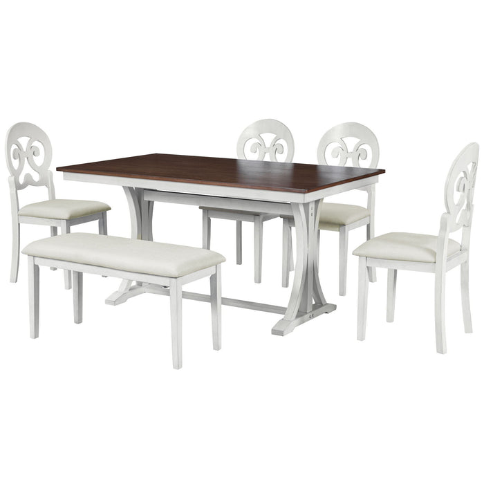 Topmax Mid-Century 6 Piece Trestle Table Set With Victorian Round Upholstered Dining Chairs And Long Bench, Cherry+Antique White