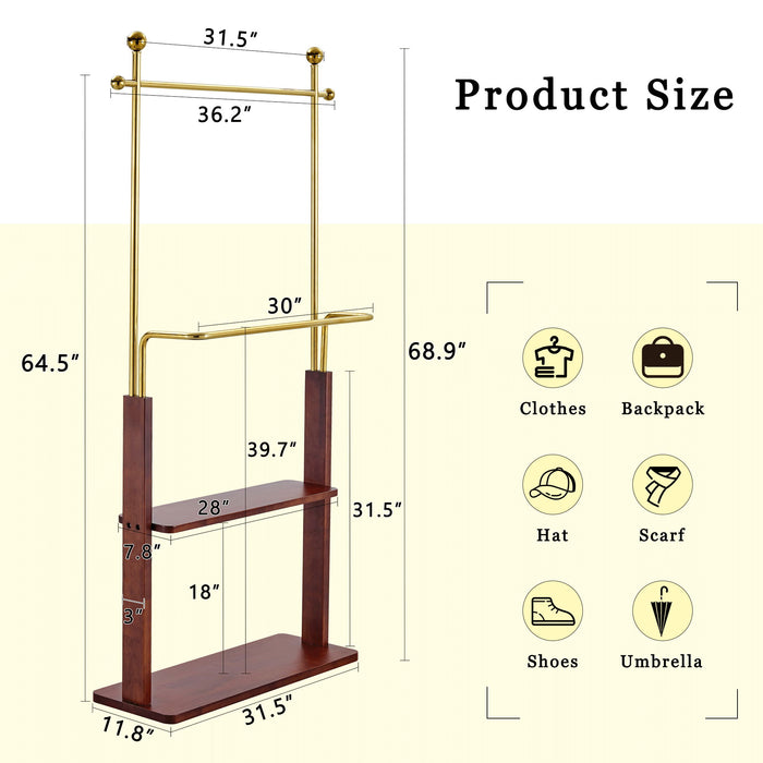 Hanger Double Layer Coat Rack With Solid Wood Partition - Gold / Walnut