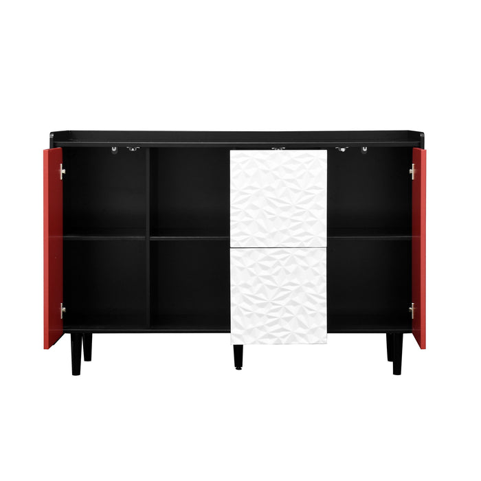 Modern Sideboard Buffet Cabinet With Red Doors And Unique Panel Styling