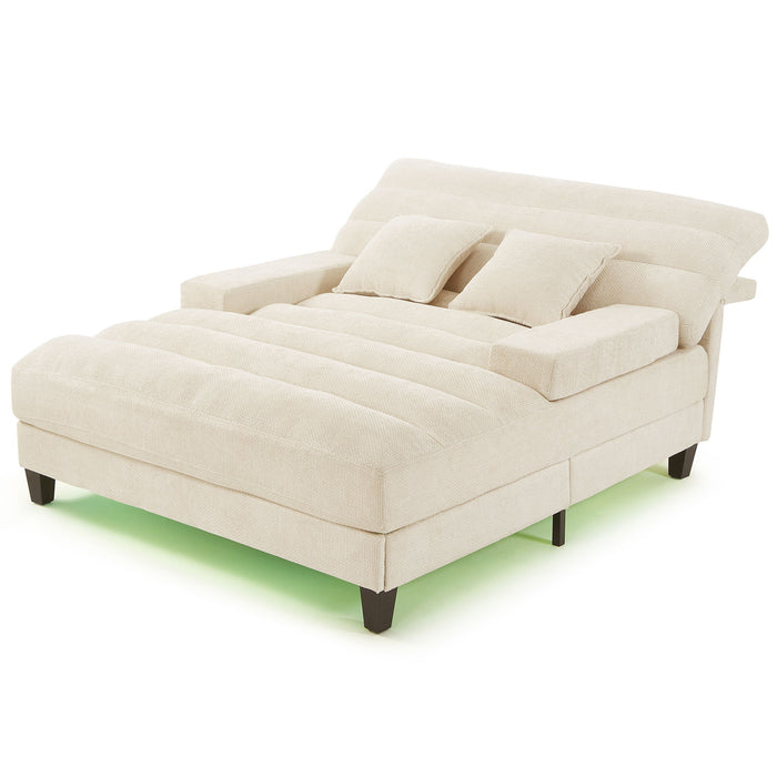 Chaise Bed Lounge Sofa Chair With Adjustable Backrest And LED Light Strip - Beige