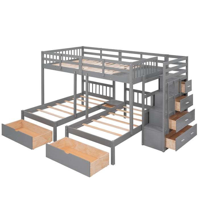 Multifunctional Triple Bunk Bed With Drawers And Guardrails