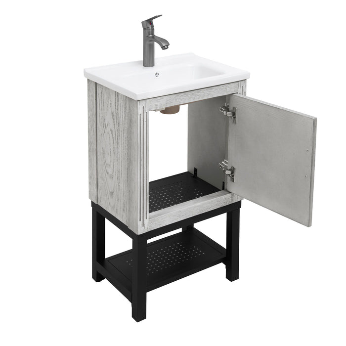 Modern Freestanding Bathroom Vanity With Ceramic Sink, Hot And Cold Faucet, 1 Door Cabinet & Open Shelf