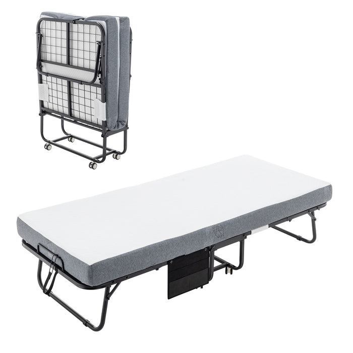 Foldable Metal Frame Bed For Guest With Memory Foam Mattress On Wheels, Saving Space Rollaway Bed
