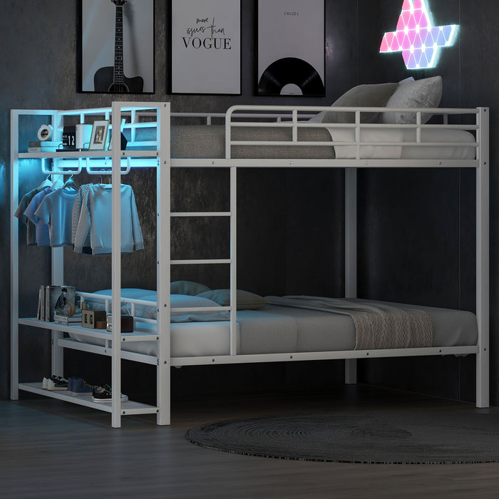 Bunk Bed With Storage Mesh Shelves, Clothes Hooks, LED Light