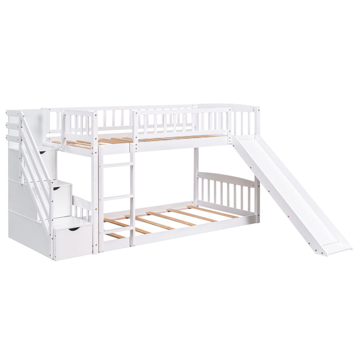 Twin Over Twin Stairway Bunk Bed With Two Drawers And Slide