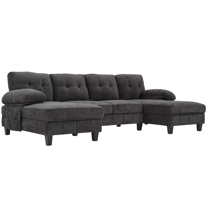 U-Shaped Sectional Sofa 103.5" Black Chenille Fabric Couch With Dual Chaise Lounges, Storage Pockets, Armrest Pillows
