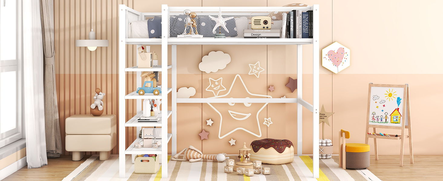 Loft Bed With 4 Tier Shelves And Storage