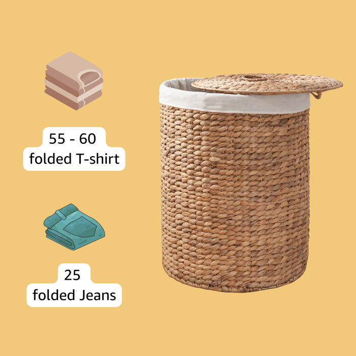 Round Tall Water Hyacinth Woven Wicker Laundry Hamper With Lid - For Clothes, Canvas, Toys And Book Storage With Removable Liner - 15" X 15" X 20" - Natural Brown