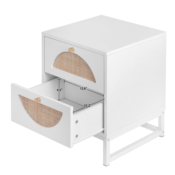 Allen 2 Drawer Nightstand (Set of 2), White, Natural Rattan, Display Rack For Bedroom And Living Room
