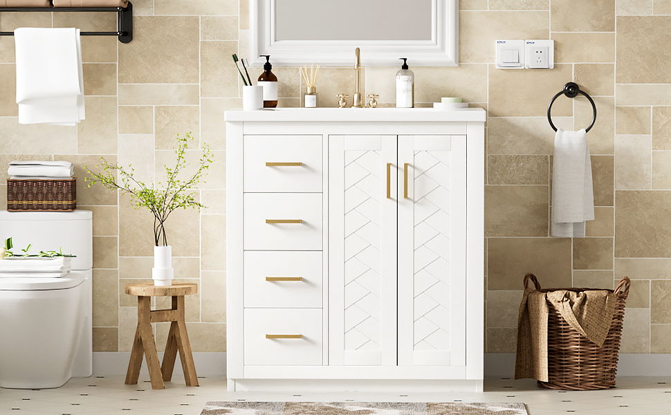 Ceramic Sink Combo, Freestanding Vanity Set With 3 Drawers & Soft Closing Doors