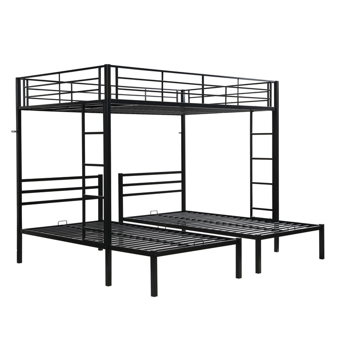 Modern Metal Triple Bunk Bed With Vertical Ladder, Safety Rail, And Storage Shelf - Black