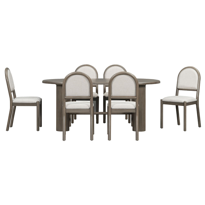 Oval Dining Table Set For 6 With Fluted Pedestal Base, 7 Piece Set Including 6 Upholstered Chairs