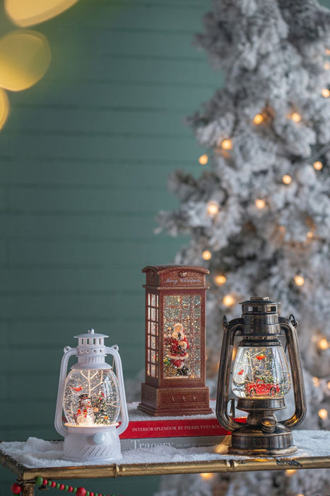 Christmas Plastic / Resin Lantern With Snowman & Tree LED / Water Spinning / 6 Hours Timer, 3*AA Batteries Required - White / Multi