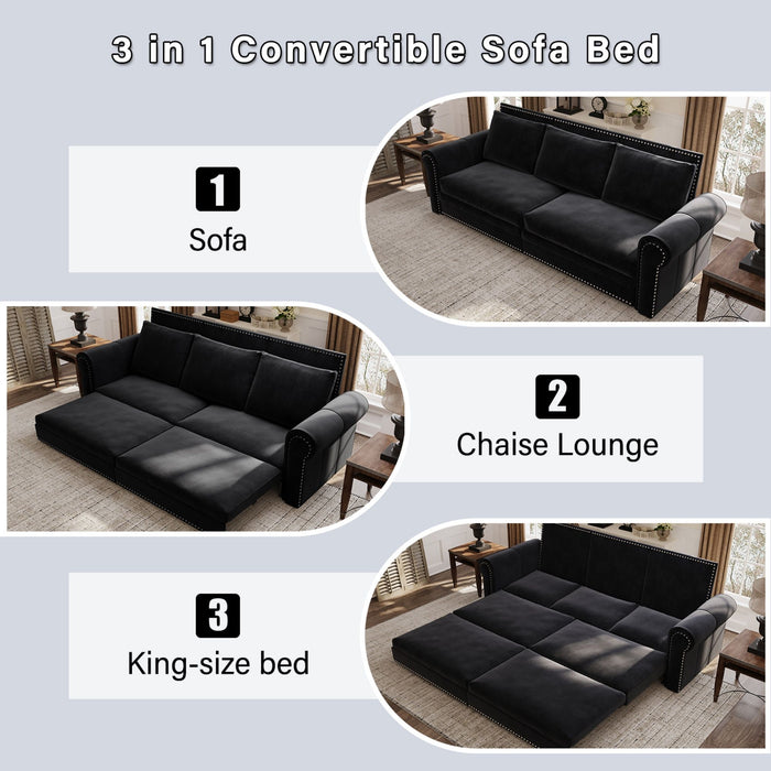 3 In 1 Convertible Sleeper Sofa With Nailhead Trim & Rolled Arm
