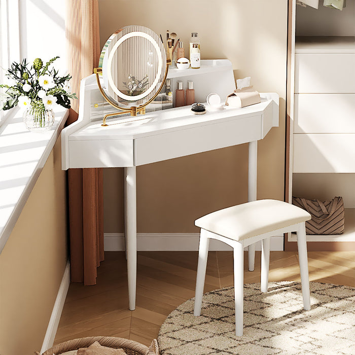 Modern Corner Makeup Vanity Desk With Large Storage, LED Mirror & Stool, Adjustable Brightness, Space Saving - White