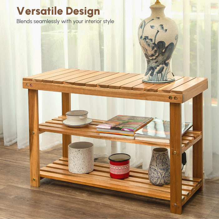 Shoe Rack Bench, 2 Tier Organizer For Entryway - Acacia Wood