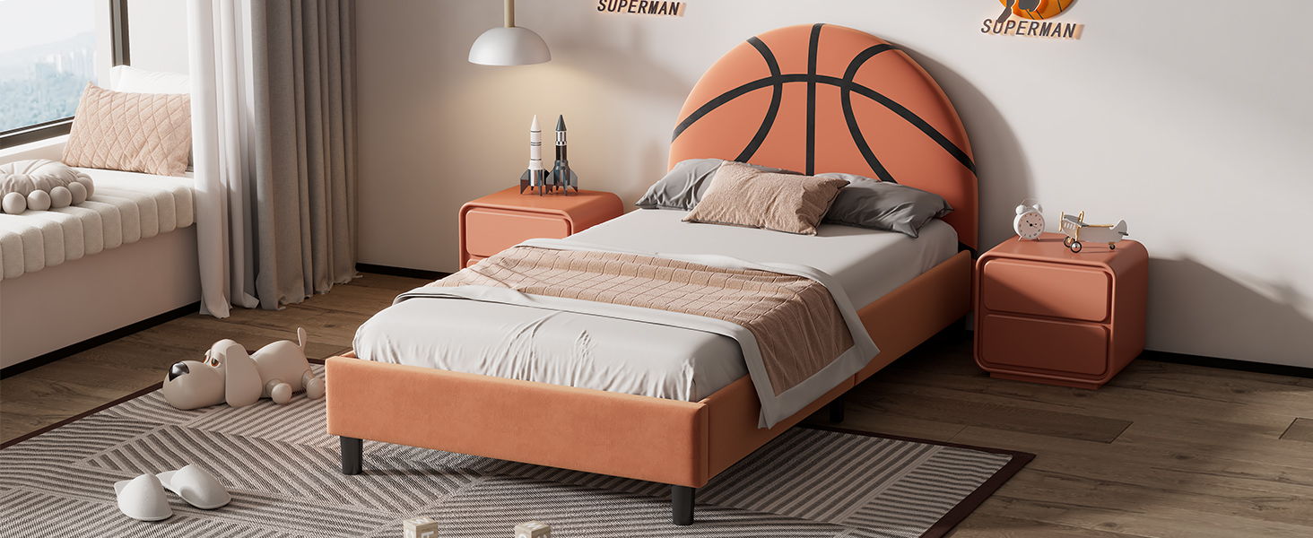 Basketball Design Upholstered Twin Platform Bed Sport Style Bed For Boys & Girls, Teens, Orange