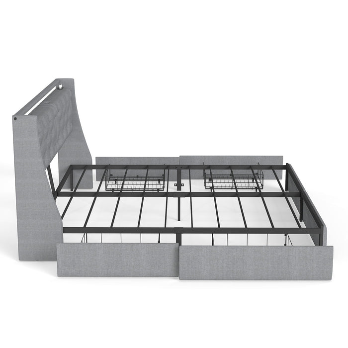 Platform Bed Frame With RGB LED Lights, Charging Station, Storage Headboard & 4 Underbed Drawers