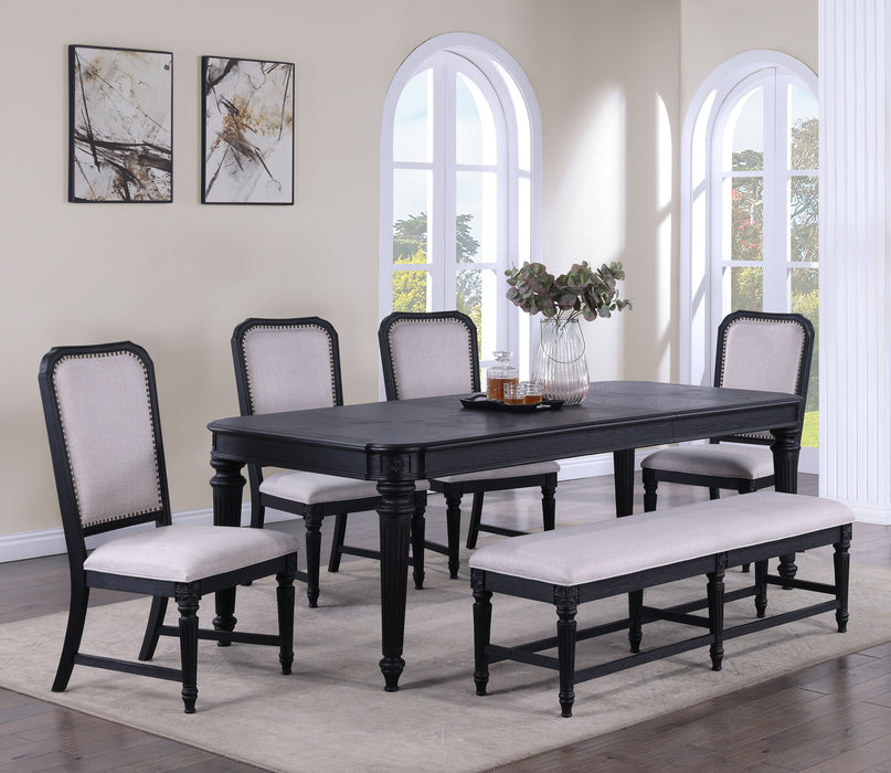 Formal Traditional 6 Pieces Dining Room Set Dark Brown Finish 18" Extension Leaf Table Tufted Upholstered Chairs Bench Beautiful Carved Legs Dining Room Furniture