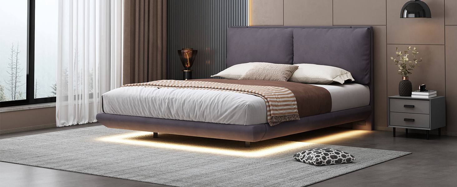 Upholstered Platform Bed With Sensor Light And 2 Large Backrests, With 2 Sets Of USB Port And Socket On Each Rear Bed Leg