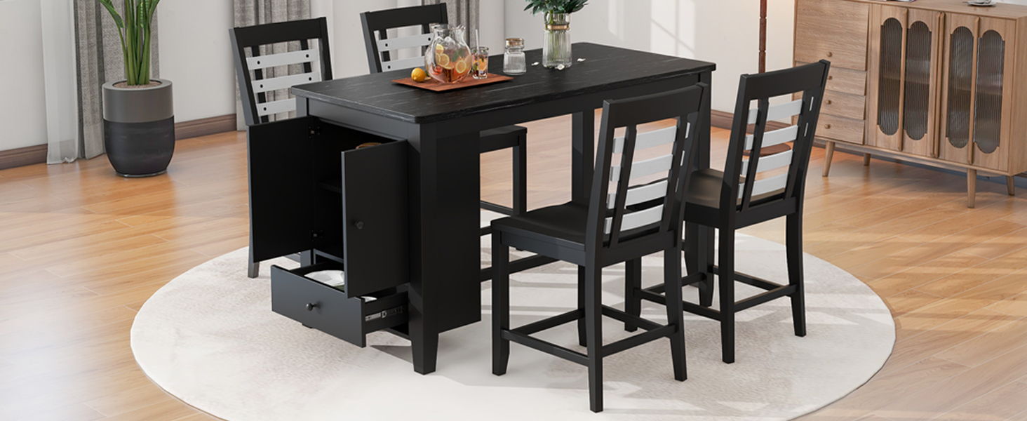 Top max Counter Height 5 Piece Dining Table Set With Faux Marble TableTop , Solid Wood Table Set With Storage Cabinet And Drawer, Black