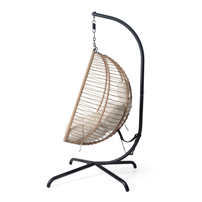 Sora - Outdoor Patio Wicker Hanging Chair With Stand - Beige / Brown