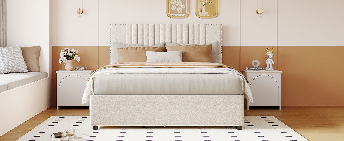 Upholstered Platform Bed With Drawers, Classic Headboard Design