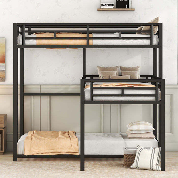 L-Shaped Triple Twin Size Bunk Bed, Industrial Design With Integrated Ladder And Full Length Guardrails - Black