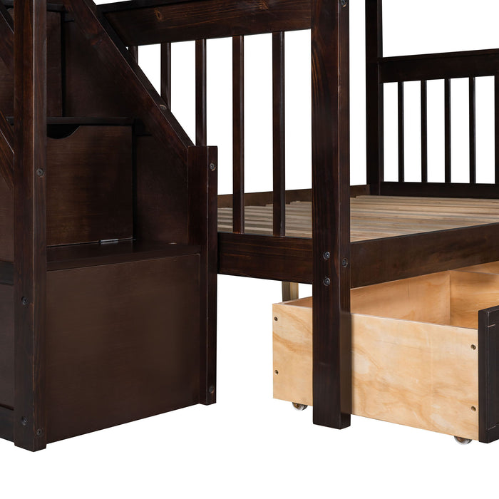 Solid L Shaped Bunk Bed With 3 Drawers, Ladder And Staircase