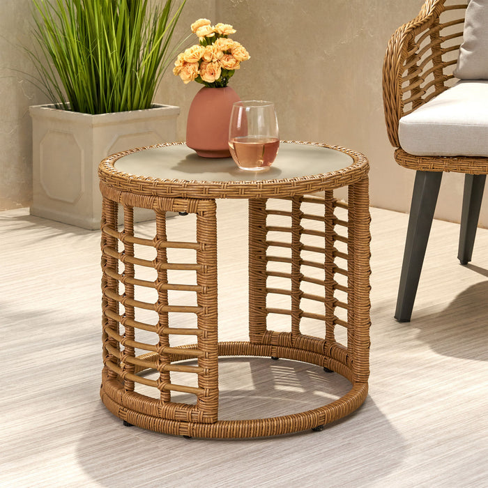 Outdoor Side Table With Tempered Glass Top And Rattan Wicker Cover - Light Brown
