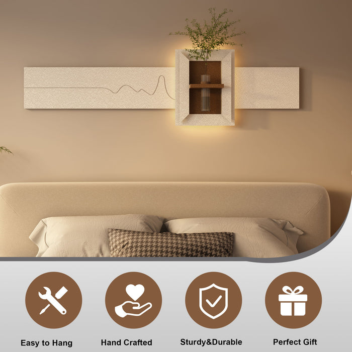 3D LED Sandstone Wall Decor With Simulated Plants, Glass Vase & Remote Control - Light Coffee