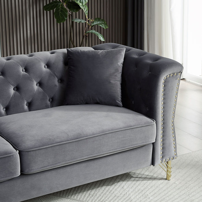 Chesterfield Sofa Grey Velvet For Living Room, 3 Seater Sofa Tufted Couch With Metal Foot And Nailhead For Living Room, Bedroom, Office, Two Pillows