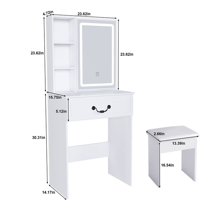 Modern Mini Dressing Table With Led-Lit Mirror & Hidden Storage, Adjustable Brightness Vanity Desk - White