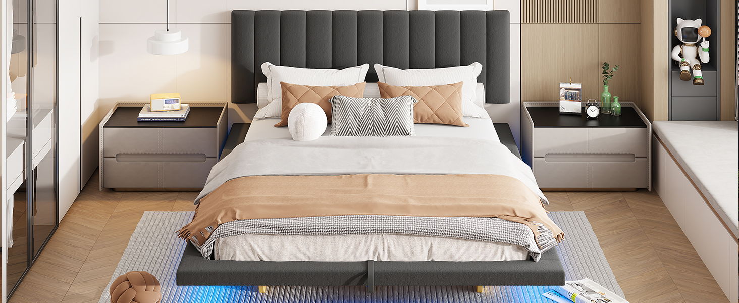 Upholstered Floating Hydrualic Platform Bed With LED Light And USB Port