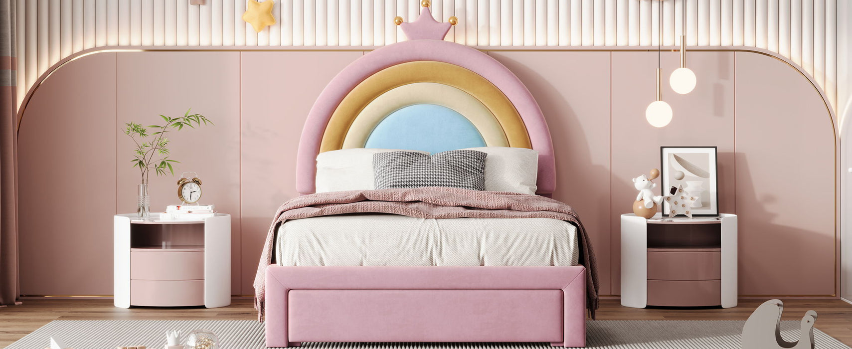 Upholstered Rainbow Design Bed, Velvet Princess Platform Bed With Storage Drawer