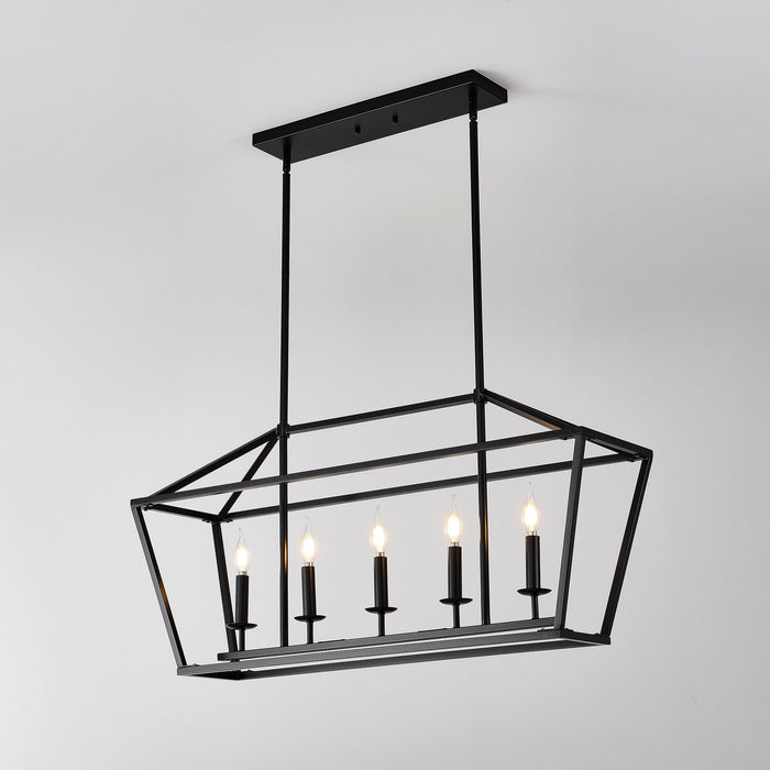 5 Light Farmhouse Kitchen Island Lighting, 5 Light Industrial Linear Chandelier For Dining Room Metal Hanging Pendant Light Fixture For Bedroom Living Room Hallway Conference Room - Matte Black