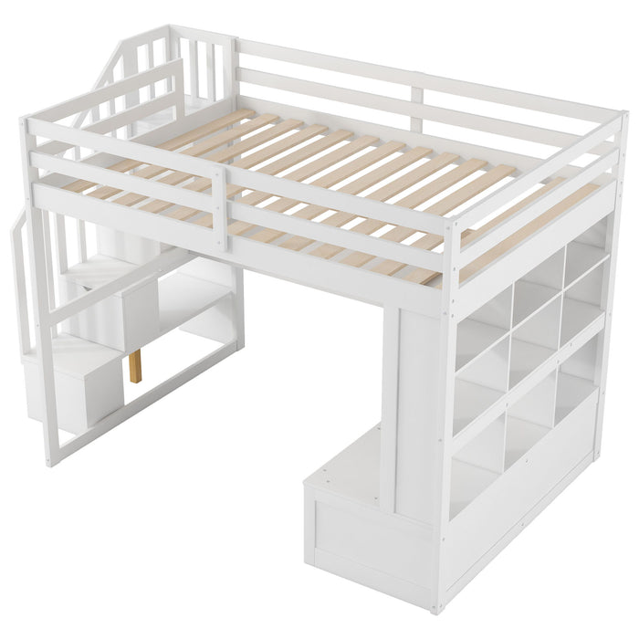 Full Size Loft Bed With Desk And Shelves, 2 Built In Drawers, Storage Staircase - White