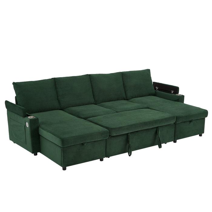 U Shaped Sectional Sofa Bed With Storage Chaise Lounges, USB Ports, And Cup Holders