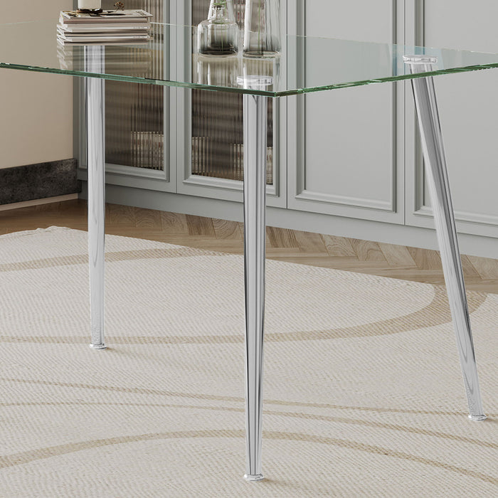 Thick Tempered Glass Top Dining Table With Silver Stainless Steel Legs