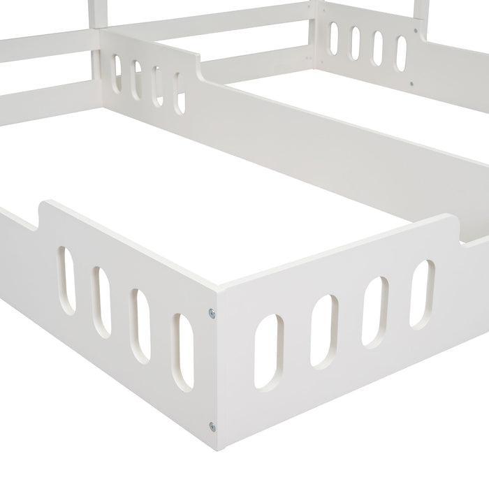 Twin Size Platform Bed With Shared Design, Guardrails, And Built In Shelves - Creamy White