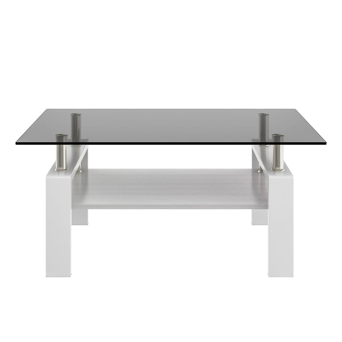 Modern Rectangular Coffee Table With Tempered Transparent Glass Top And Storage Shelf
