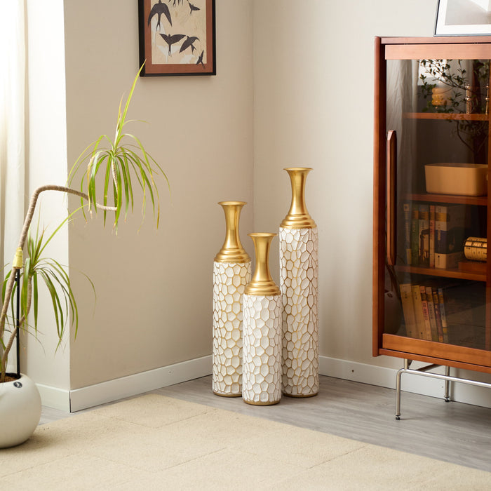 Floor Metal Vase Modern Style Decoration Home Metal Vase (Set of 3) Gorgeous Home Decoration Large Glazed Metal Vases - Gold / White