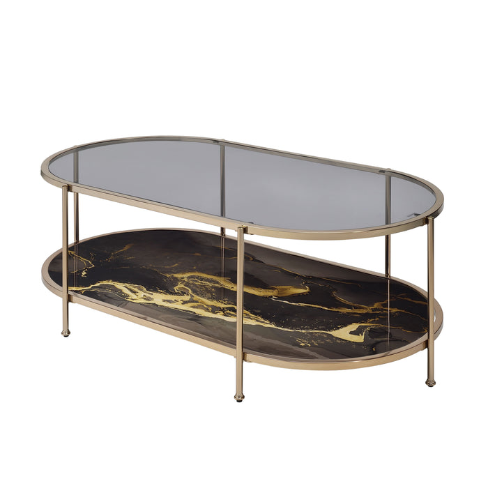 Acme Fiorella Coffee Table, Glass, Black Marble Paint & Gold Finish Lv02222