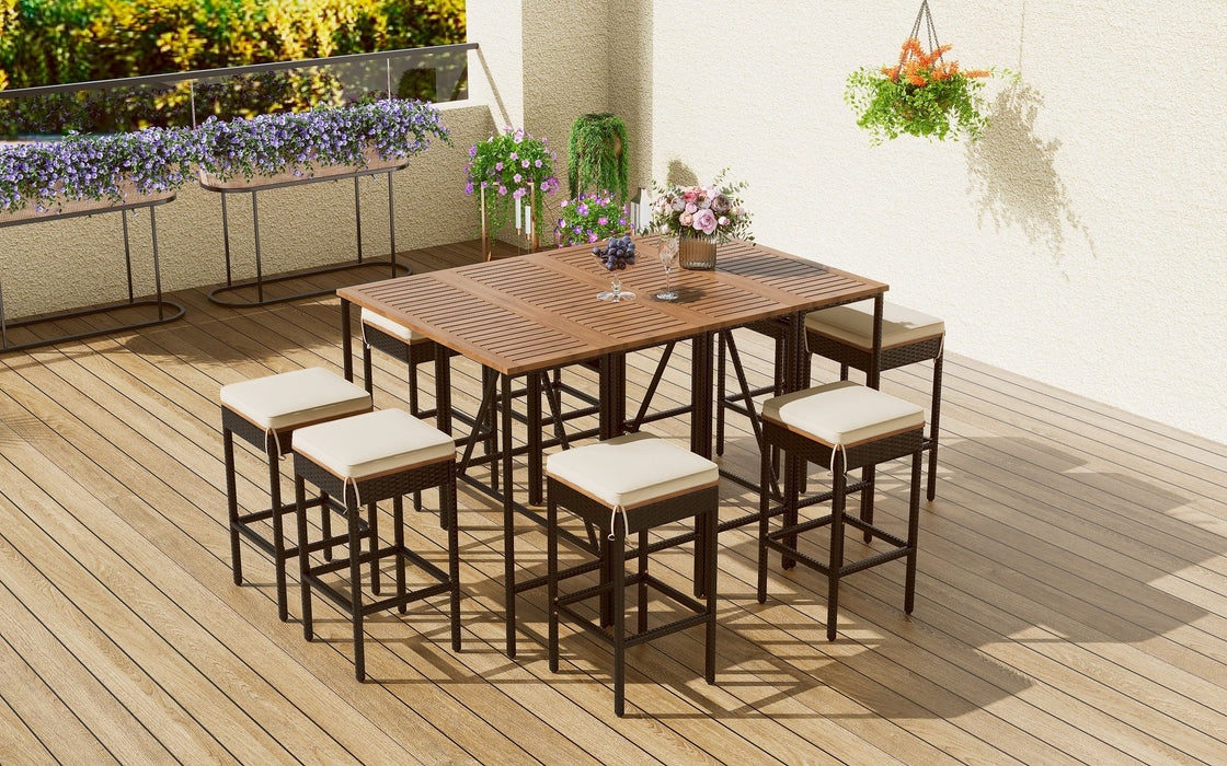 Go 10 Piece Outdoor Acacia Wood Bar Height Table And Eight Stools With Cushions, Garden PE Rattan Wicker Dining Table, Foldable Tabletop, High Dining Bistro Set, All-Weather Patio Furniture, Brown