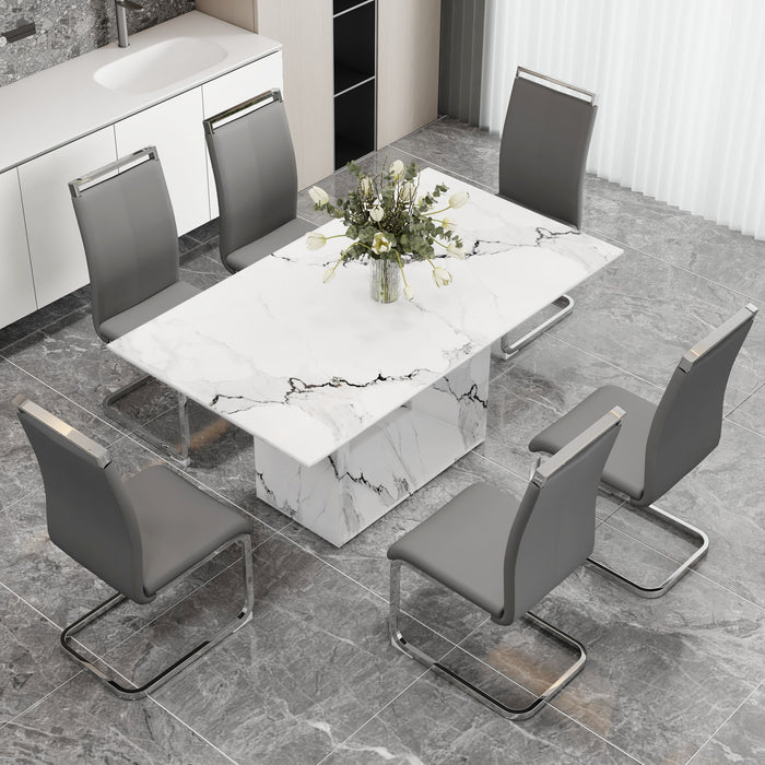 A Simple Dining Table. A Dining Table With A White Marble Pattern. 6 PU Synthetic Leather High Backrest Cushioned Side Chairs With C-Shaped Silver Metal Legs