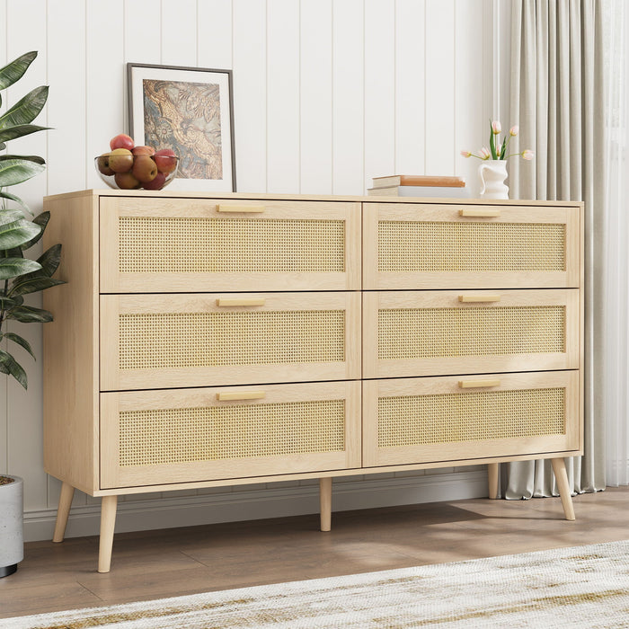 Rattan 6 Drawers Chest Of Dressers For Bedroom, Modern 6 Drawer Dresser, Wide Chest Of Drawers With Wood Handles, Rattan Dresser Storage Cabinet For Living Room, Bedroom, Hallway - Natural Wood / Oak