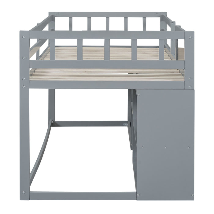 Low Loft Bed With Rolling Desk, Shelf And Drawers