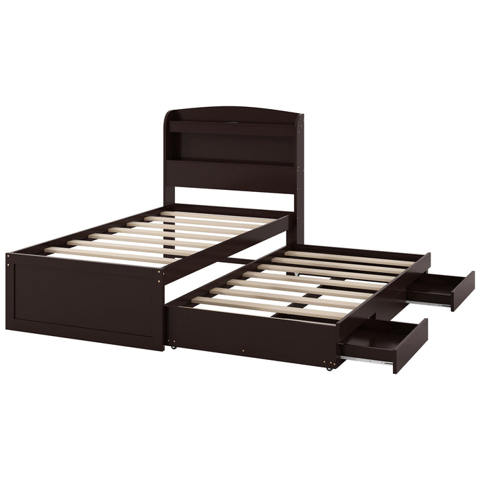 Platform Bed With LED Headboard, Charging Station, Trundle And 2 Drawers